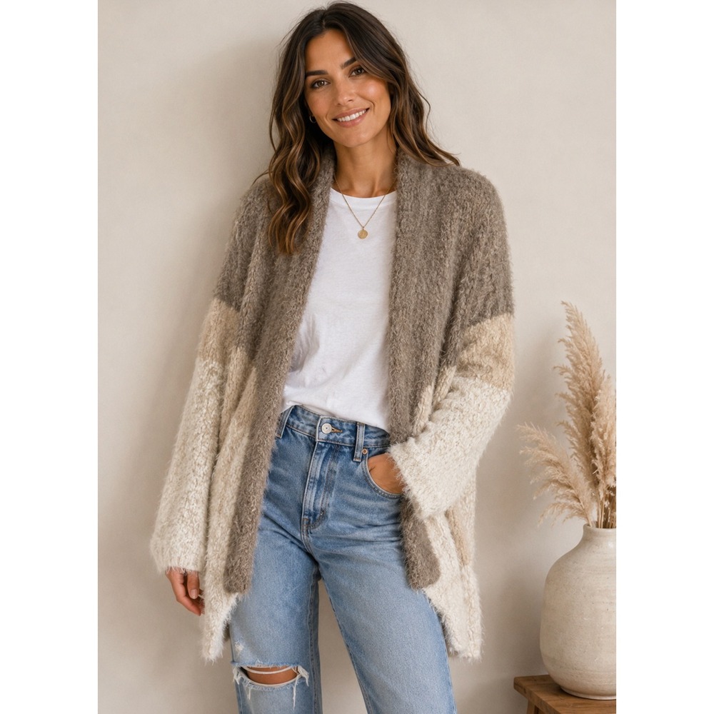 Joan Vass Fuzzy Eyelash Knit Ombre Cardigan Womens Small Open Front